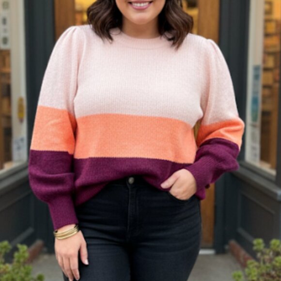 NWT Ava + Viv Puff Sleeve Super Soft Sweater Peach Burgundy Womens Plus Size 1X - Picture 1 of 8